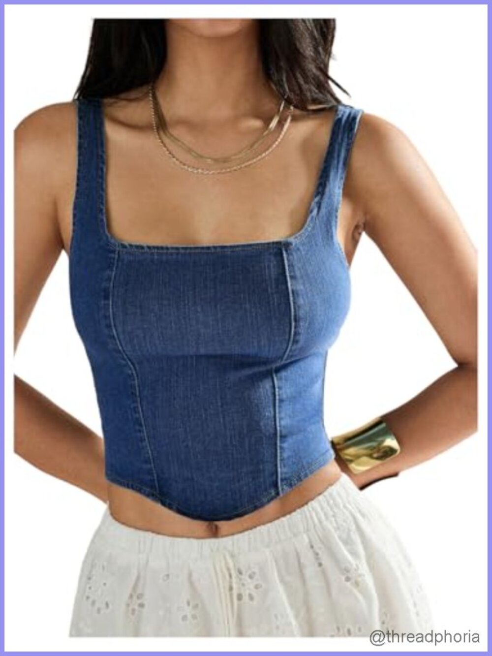 Sleeveless Square Neck Corset Denim Tank Top with Zip Back & Asymmetrical Hem